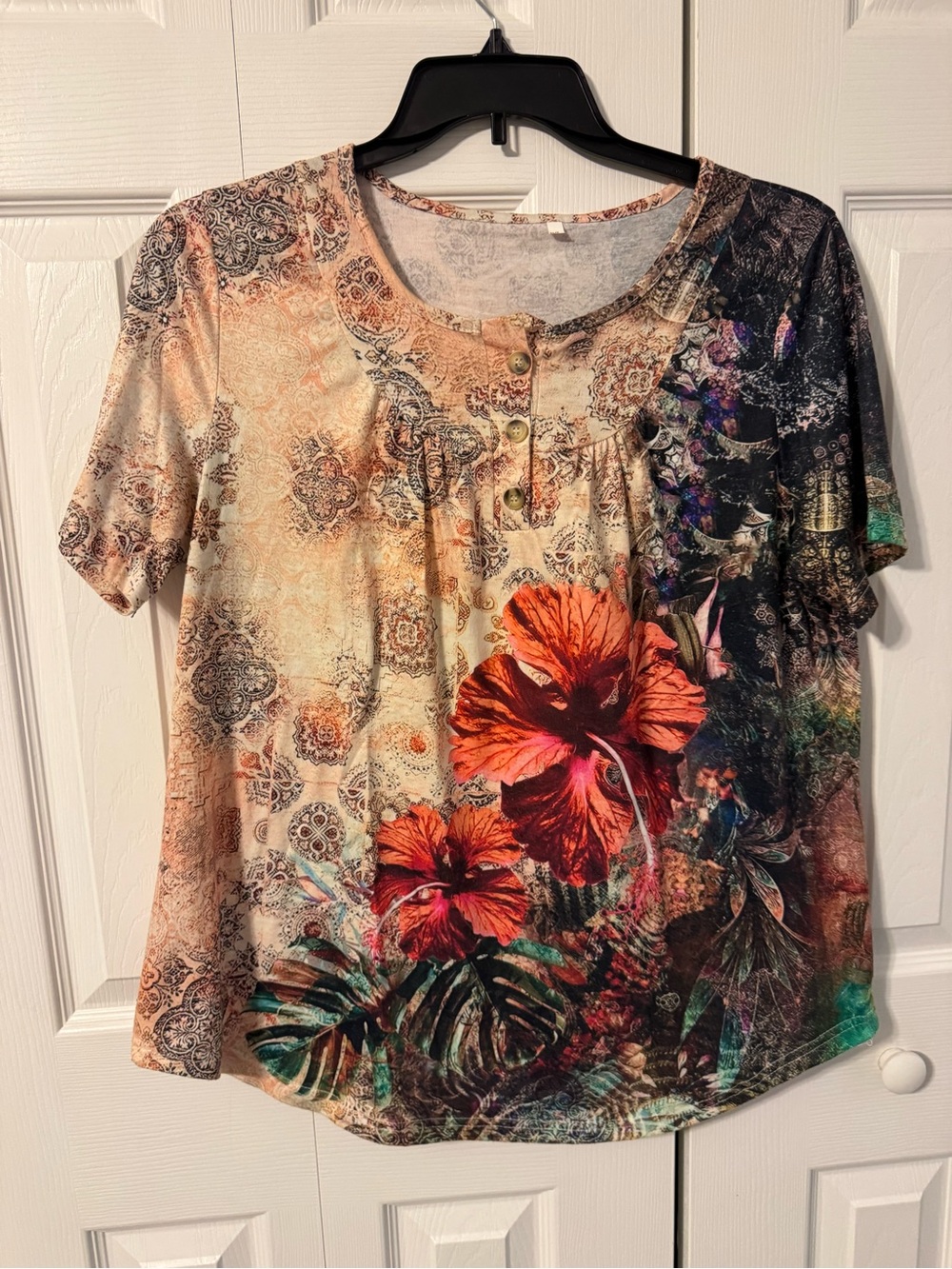 Floral Print Short Sleeve Top in Multi-Color with Orange Blooms